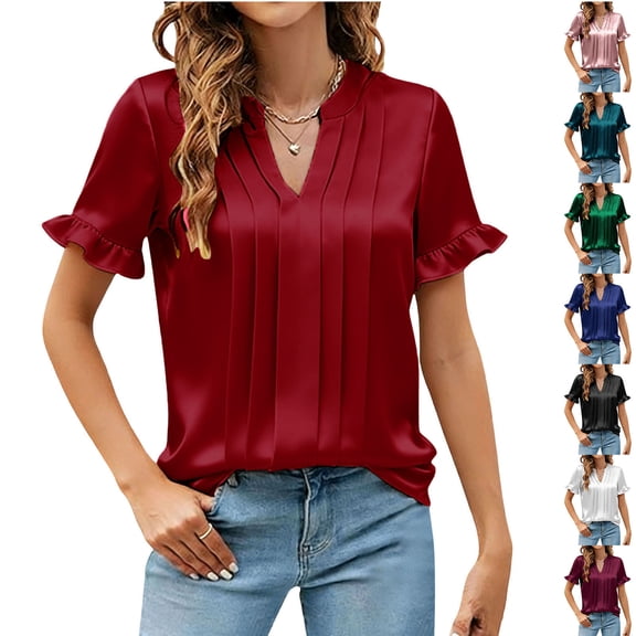 Paiwinds Women's V-Neck Short Sleeve Satin Blouse Business Casual Wear Soft Polyester Work T-Shirt Top