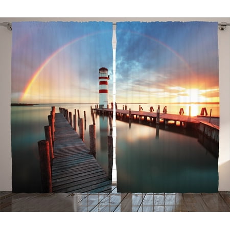 Lighthouse Decor Curtains 2 Panels Set, Sunset At Seaside With Wooden Docks Lighthouse Clouds Rainbow Waterfront Reflection, Living Room Bedroom Accessories, By (Best Windows For Waterfront Homes)