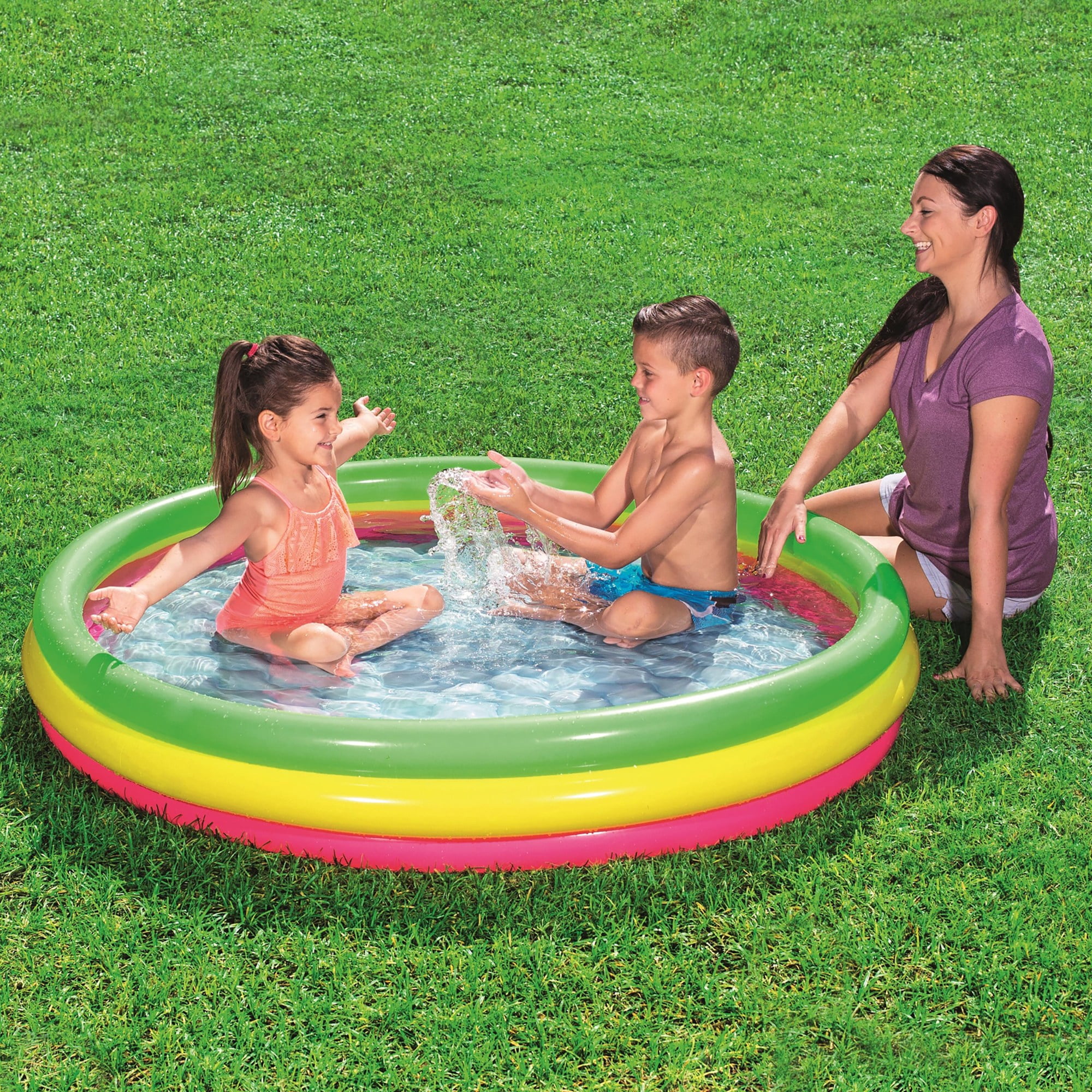 H2OGO! Summer Set Play Pool - 60 x 12" Inflatable Kiddie Splash Wade Pool, 3 Neon Color Ring Construction, Padded Bottom, Outdoor Water Play, Kids 3+