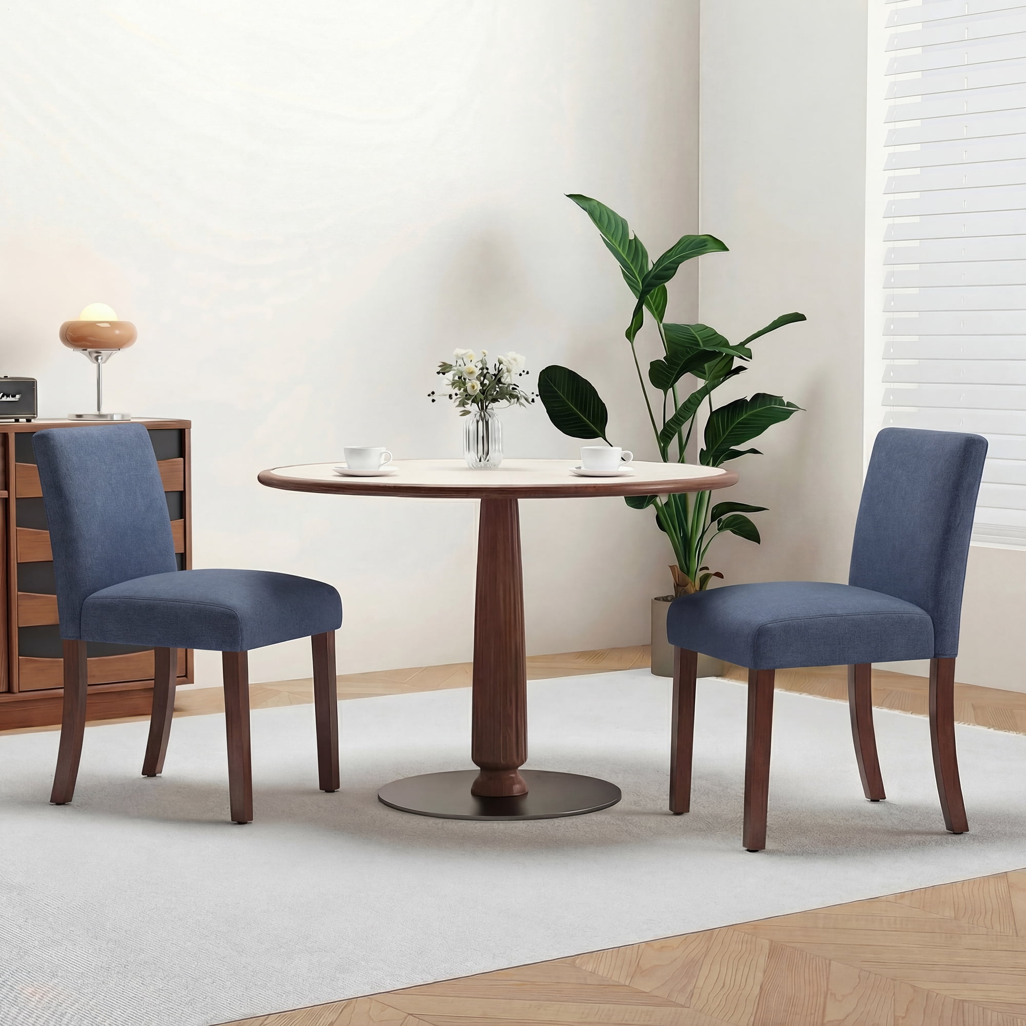 EOP Upholstered Dining Chairs Set of 2, Linen Fabric Dining Side Chairs, Farmhouse Dining Room Chairs, Stylish Kitchen Chairs with Solid Wood Legs and Padded Seat, Blue