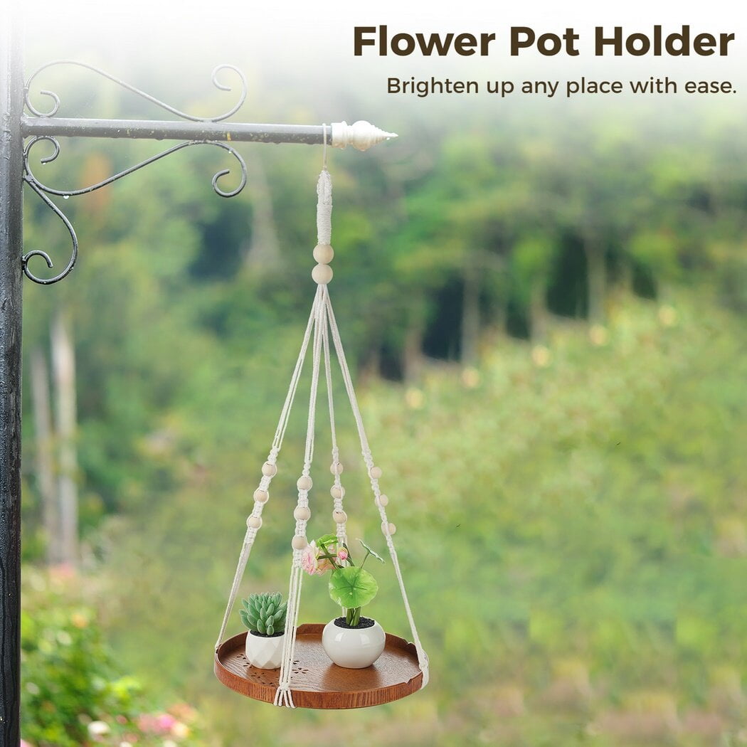 2Pcs Hanging Plant Holders, Macrame Plant Hangers with Wood Tray, Cotton Hanging Planter Shelves, Plant Display Holders for Living Room, Bedroom, Kitchen
