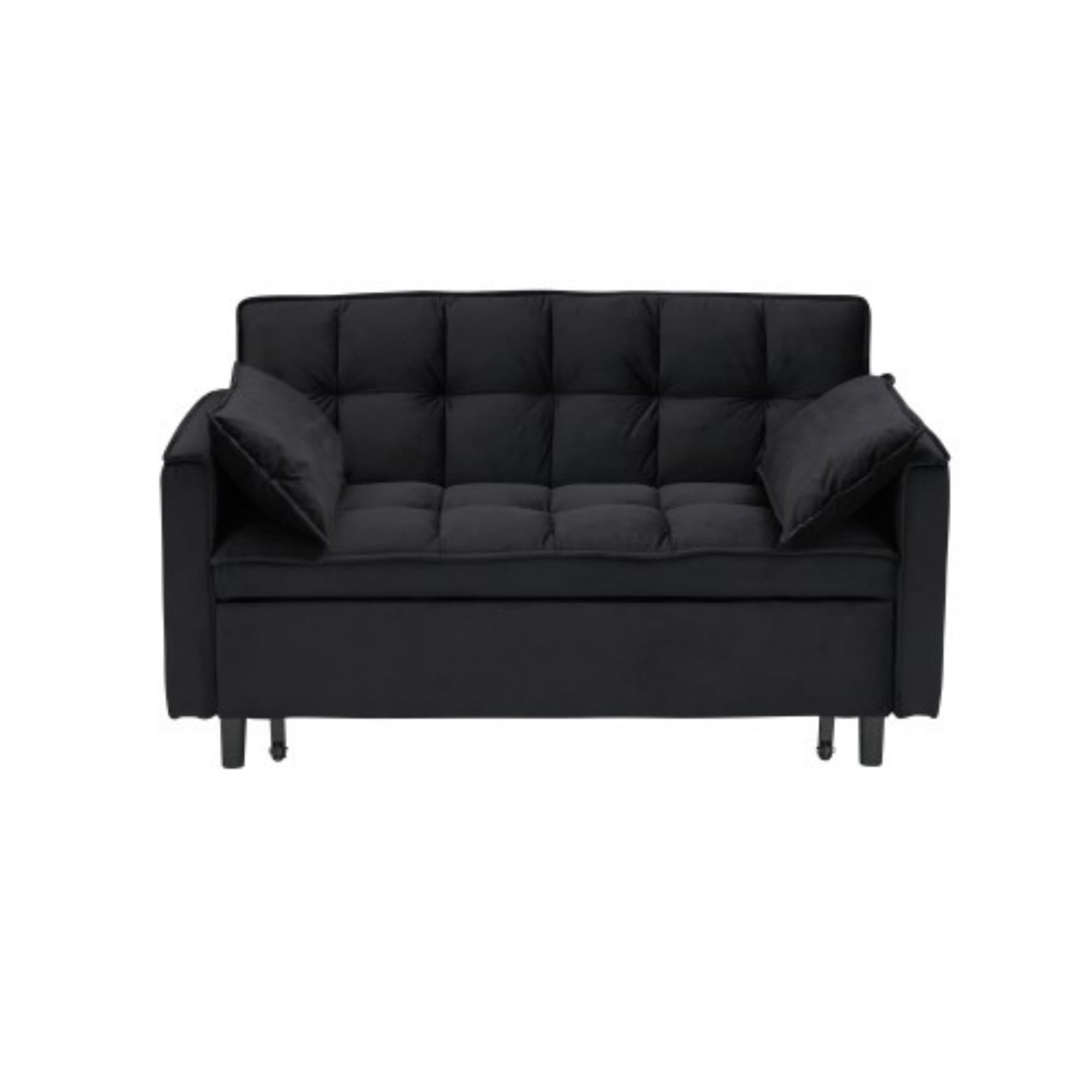 Velvet Loveseat Sofa Bed, 3-in-1 Convertible Sleeper Couch with Pullout Bed & Reclining Backrest, Black
