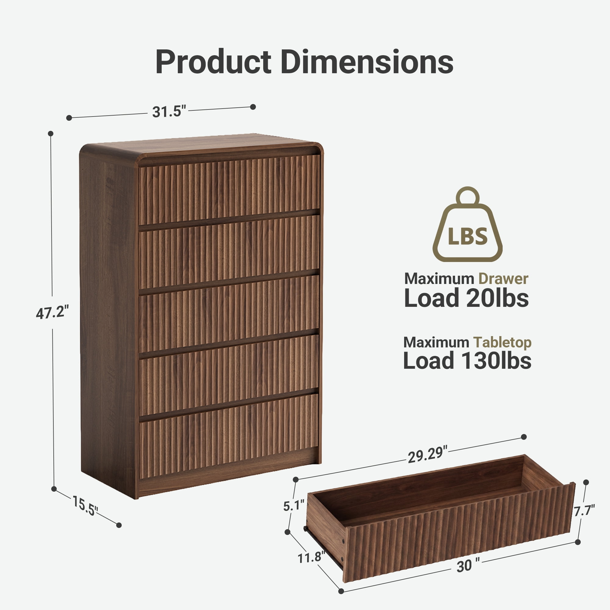 YDN Modern Fluted 5 Drawers Dressers for Bedroom with Drawers - 31.5" Wooden Tall Chest of Drawers, Curved Dresser Storage Organizer with Anti-Tip for Closet Hallway, Entryway, Living Room, Walnut