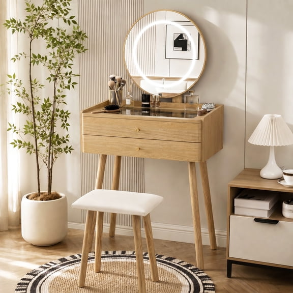 PamapicLife Small Vanity Desk With 3 Modes Lighted Mirror & Stool, 6-Grid Organizer, Dark Wood