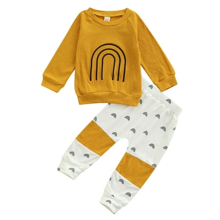 

Frobukio Autumn Toddler Kids Baby Boy Girl Long Sleeve Rainbow Pullover Tops Long Pants 2PCS Clothes Set Yellow 12-18 Months