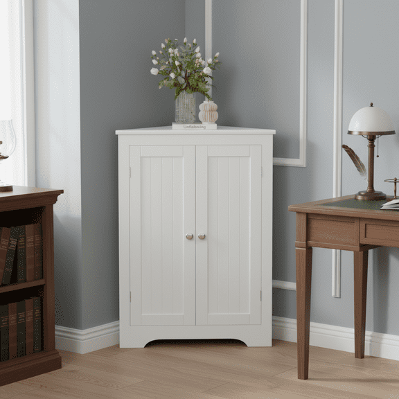 Homy Casa Corner-Fit White Accent Storage Cabinet with Adjustable Shelf for Small Spaces