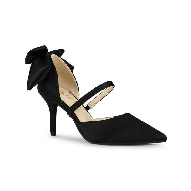 BLISSFUL STEP Women's Shoes Satin High Heel Pumps Bow Decor Pointed Toe Slip-On Shoes Black 11
