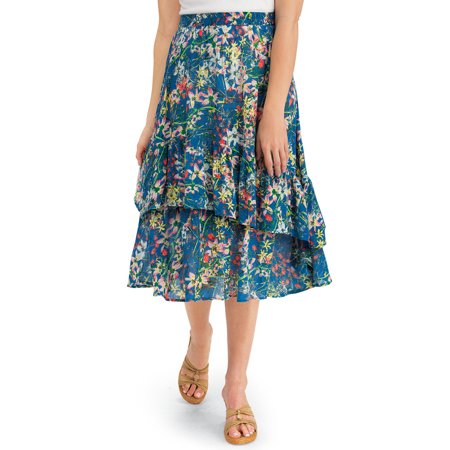 Women's Tiered Ruffle Floral Print Woven Knee Length Midi Skirt, Medium, Blue