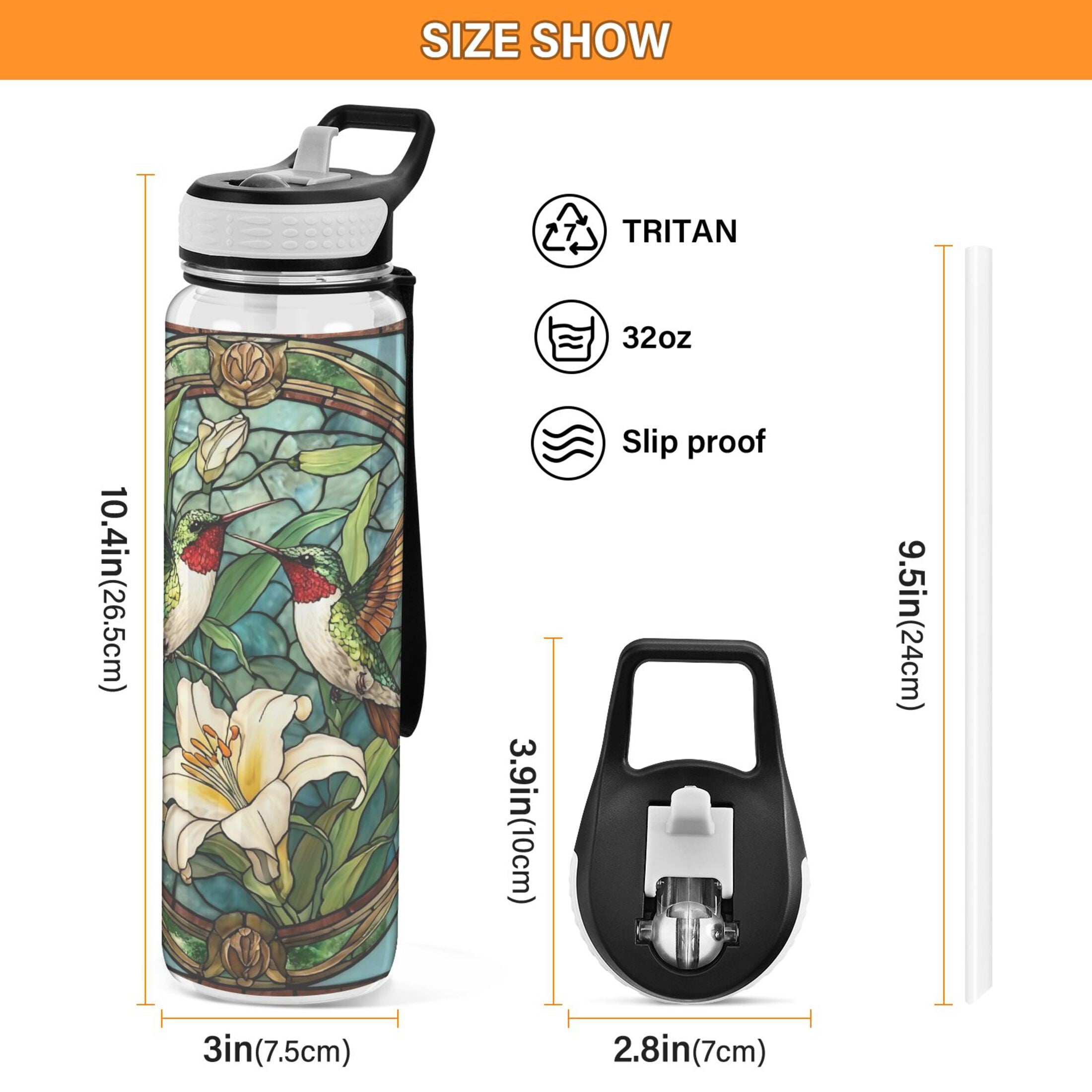 Qxltty Vintage Glass Bird Water Bottle 32 oz with Straw BPA Free Reusable Fitness Sport Bottle Perfect for Travel School Outdoors and Gym
