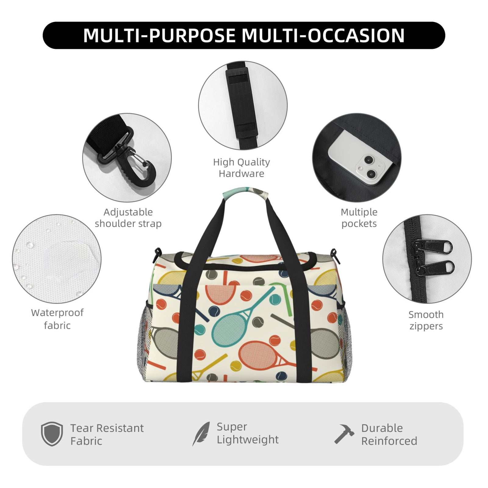 Defioc Racket and Tennis Ball Print Hand Travel Bag - Foldable Travel Duffel Bags for Men Women -Sport Gym Bag - Overnight Travel Duffel Bag - Adjustable Shoulder Strap