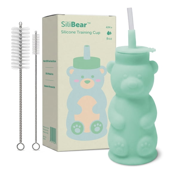 Silipint Honey Bear Straw Cup for Babies - Soft Food-Grade Silicone, Gentle Straw Lid, Dishwasher Safe, Lightweight & Easy Grip, Ages 4 Months, 8oz Sippy Cup, Green