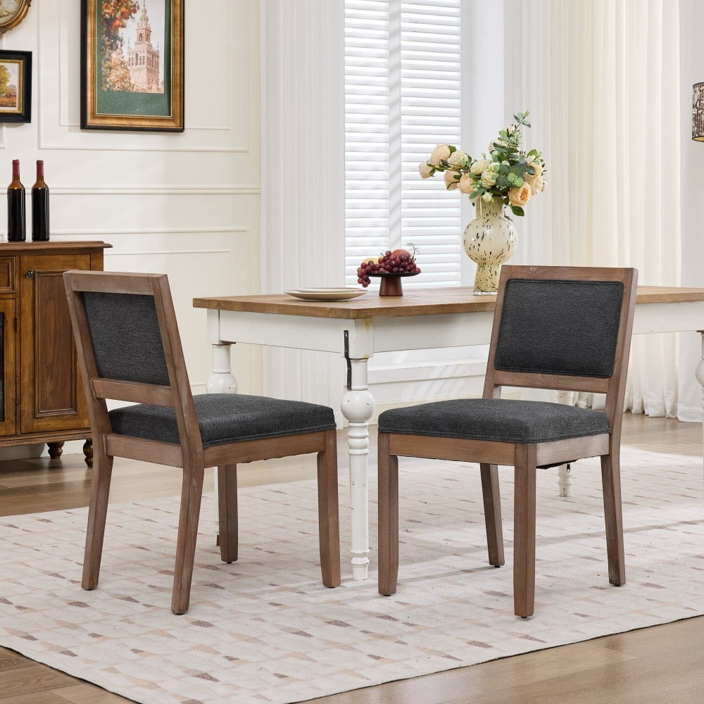 Dining Chairs Set of 2, Farmhouse Upholstered Wooden Chairs, Mid Century Modern Side Chairs with Cushioned Seat & Backrest, Gray