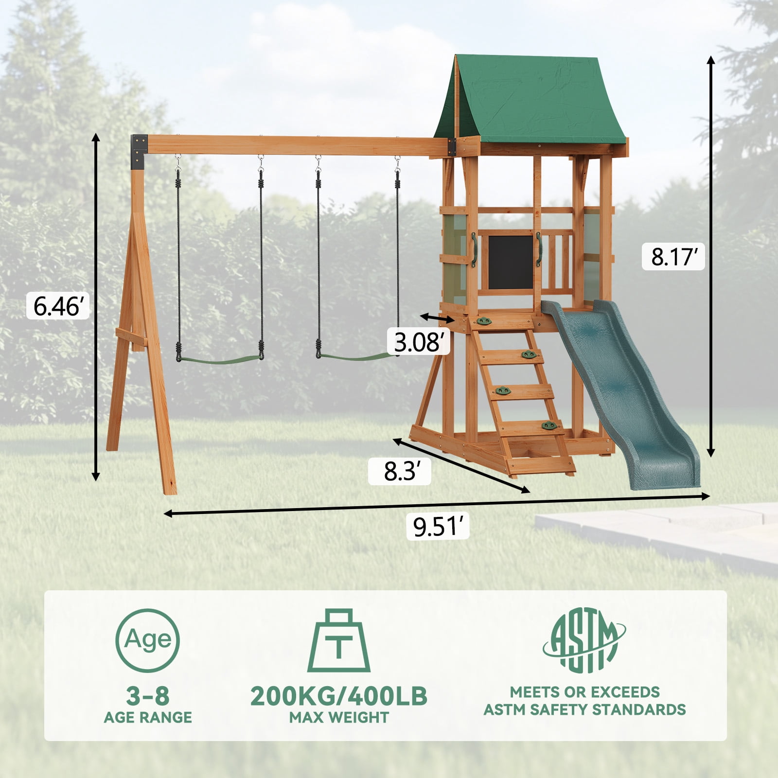 Clouddwell Wooden Swing Set for Backyard Playground Swingset with Slide Kid Outdoor Play Set with Play Deck, Rock Wall Ladder, Belt Swings, Chalkboard