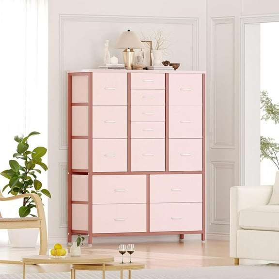 15 Drawers Dressers, Chest of Drawers with Wood Tabletop, Metal Frame, Storage Organizer Unit with Fabric, Tall Dressers for Bedroom Living Room Hallway Entryway