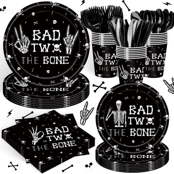 140PCS Bad Two The Bone Theme Party Decorations Boy Rock And Roll Birthday Tableware Include Plates,Napkins and Cups for Birthday Party Decorations C113