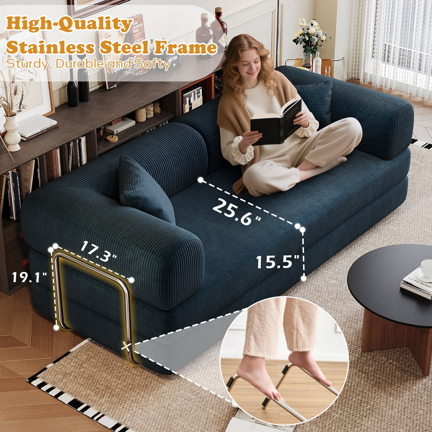 Eyisean 78.8" Corduroy Convertible Sofa Bed with Stainless Fixed-Shape Frame, 4-in-1 Boneless Loveseat with Pull-Out Bed, Lounge Futon Sofa Couch Floor Mattress for Living Room, No Assembly Required