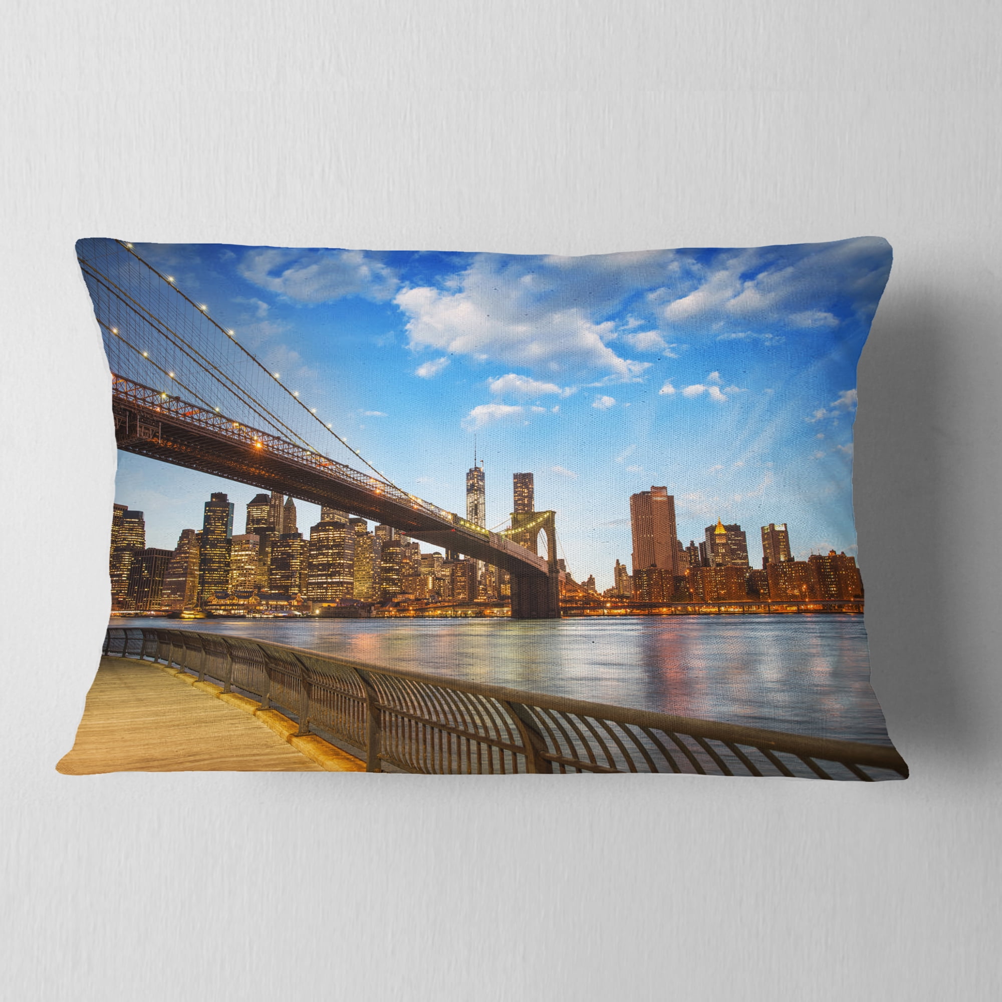 Designart Calm Sky Over Brooklyn Bridge - Cityscape Photo Throw Pillow - 12x20
