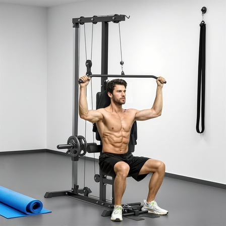 Demifill Adjustable Lat Pulldown Machine - Black, High/Low Pulley System, Flip-Up Footplate & Seat