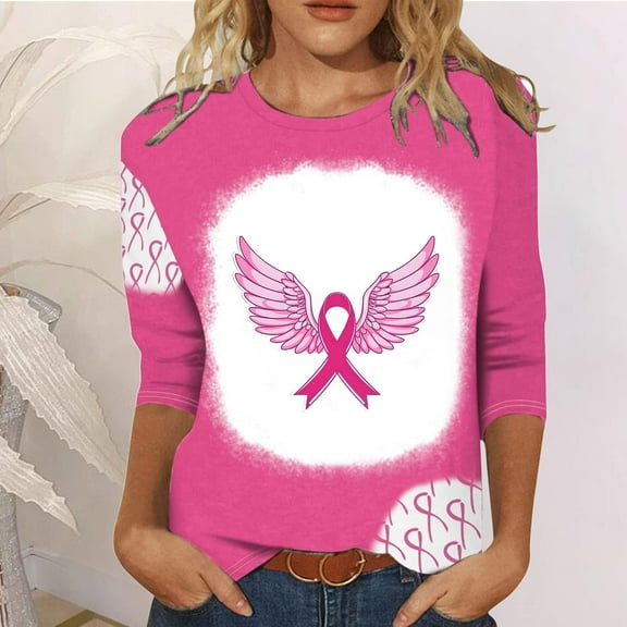 Alkepwun Breast Cancer Shirt for Women Pink Ribbon Inspirational Tops Butterfly Heart Graphic Tees Fighting Survivor Gifts 3/4 Sleeve Tops