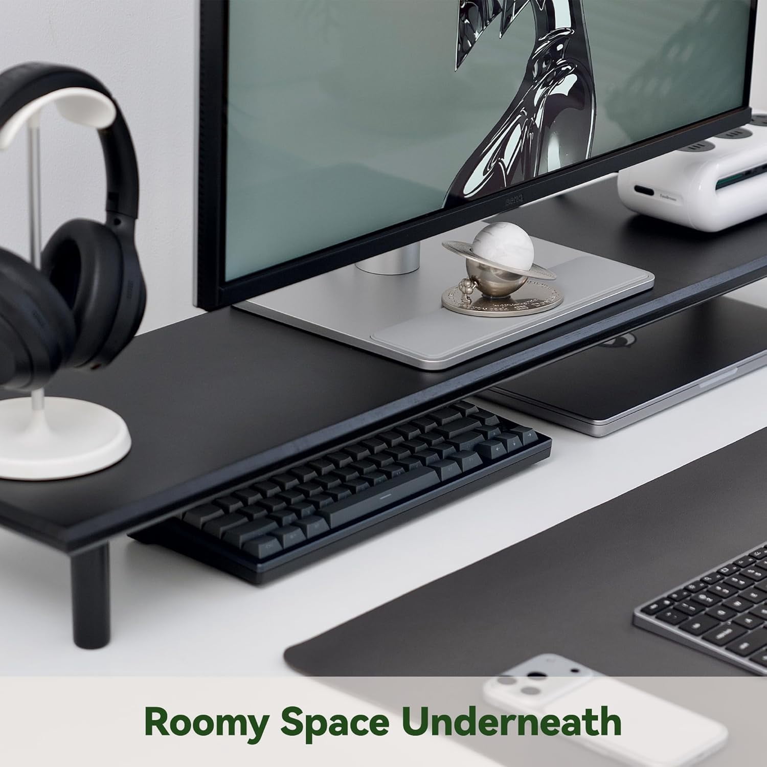 Bamboo Dual Monitor Stand Riser with Underneath Storage, Ergonomic Desk Shelf Supports PC Computer Monitor, Printer, TV for Home, Office, Black