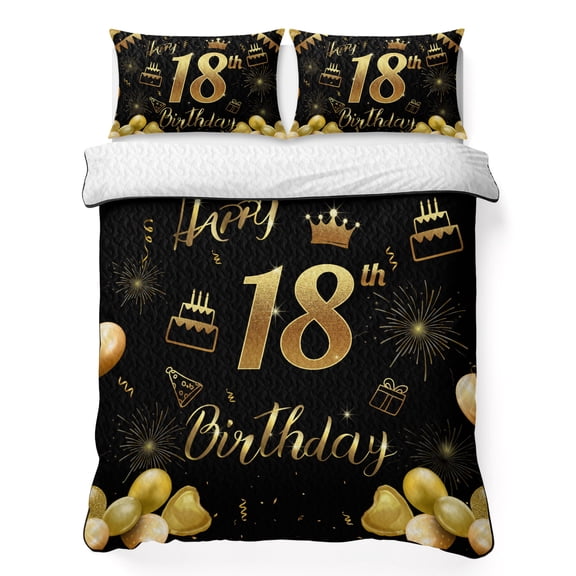 King Quilt Set 96''x106'', Happy 18th Birthday Lightweight Bedspread Coverlet Set with 2 Pillow Shams, Black Golden Balloon Cake Fireworks Breathable All Season Quilt Bedding for Bedroom/Guest Room