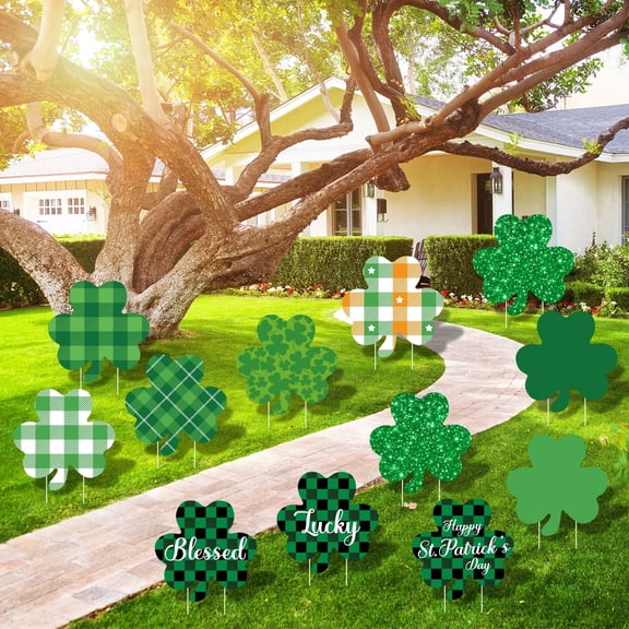YIBAGA St. Patrick's Day Yard Signs 12 PCS, Shamrock Yard Signs with Stakes, Weatherproof Green Plaid Glitter Lucky Clover Lawn Signs Outdoor Irish Home Lawn Patio Decor