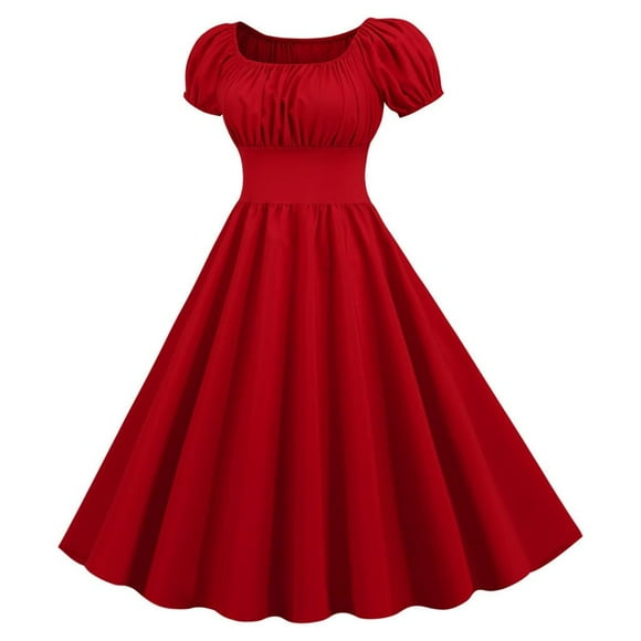 Red Casual Dresses Women Summer Square Neck Short Sleeve Retro 50s 60s Vintage Party Swing Dress Summer Dresses for Women 2024