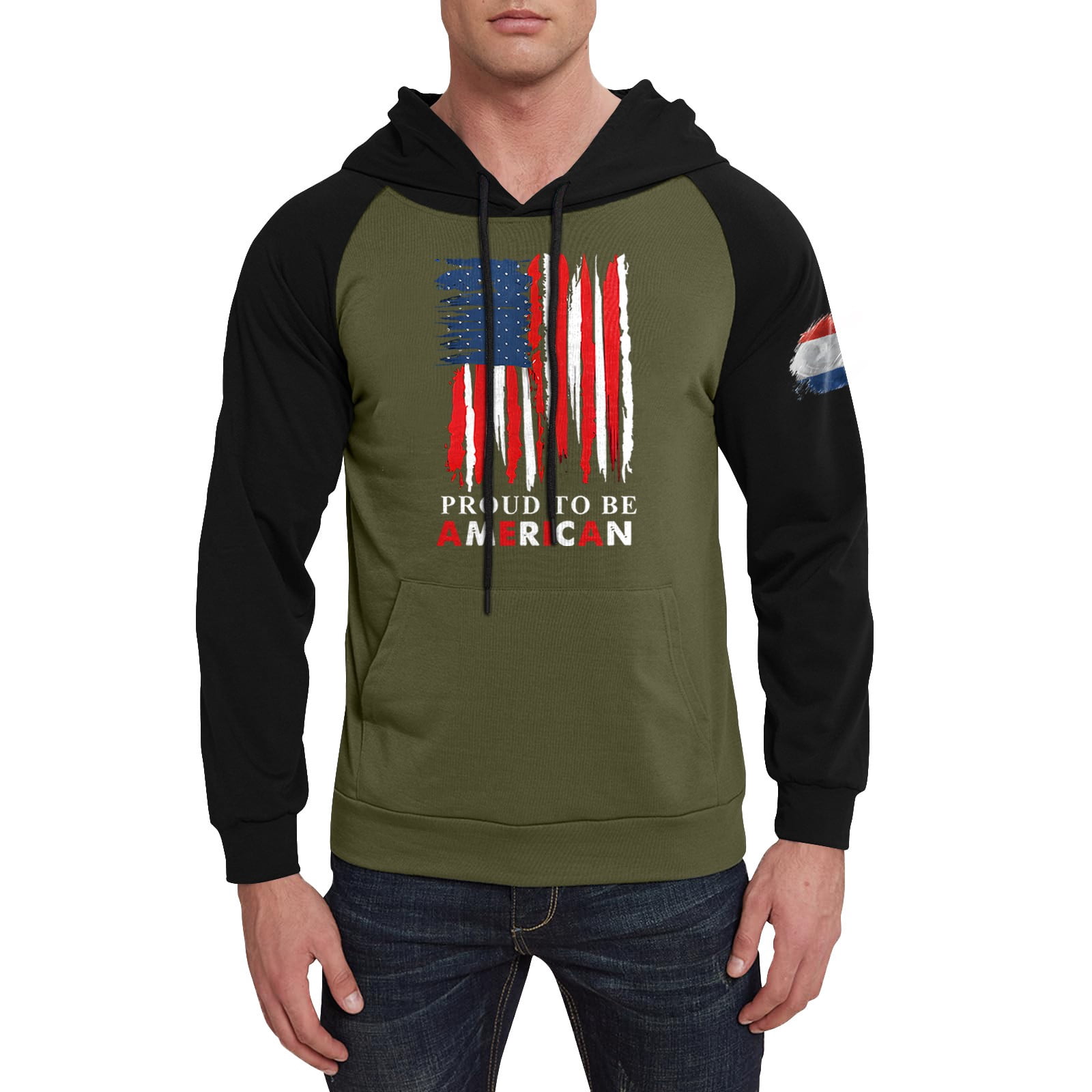 GIPQJK Graphic Hoodies for Men American Flag Print Hooded Sweatshirts Multicolor Panel Pullover Tops Big and Tall Usa Flag Design Patriotic Hoodies Sweatshirts with Pockets,Green 3XL