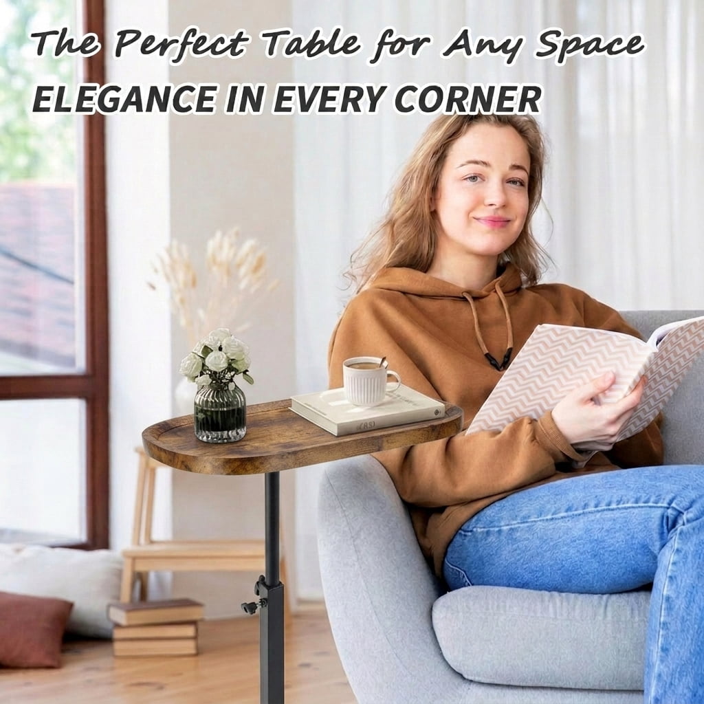 Liyufly C-Shaped End Table, 360° Rotating Adjustable Height Couch Side Tables for Sofa / Bed / Bathtub, Brown-Concave