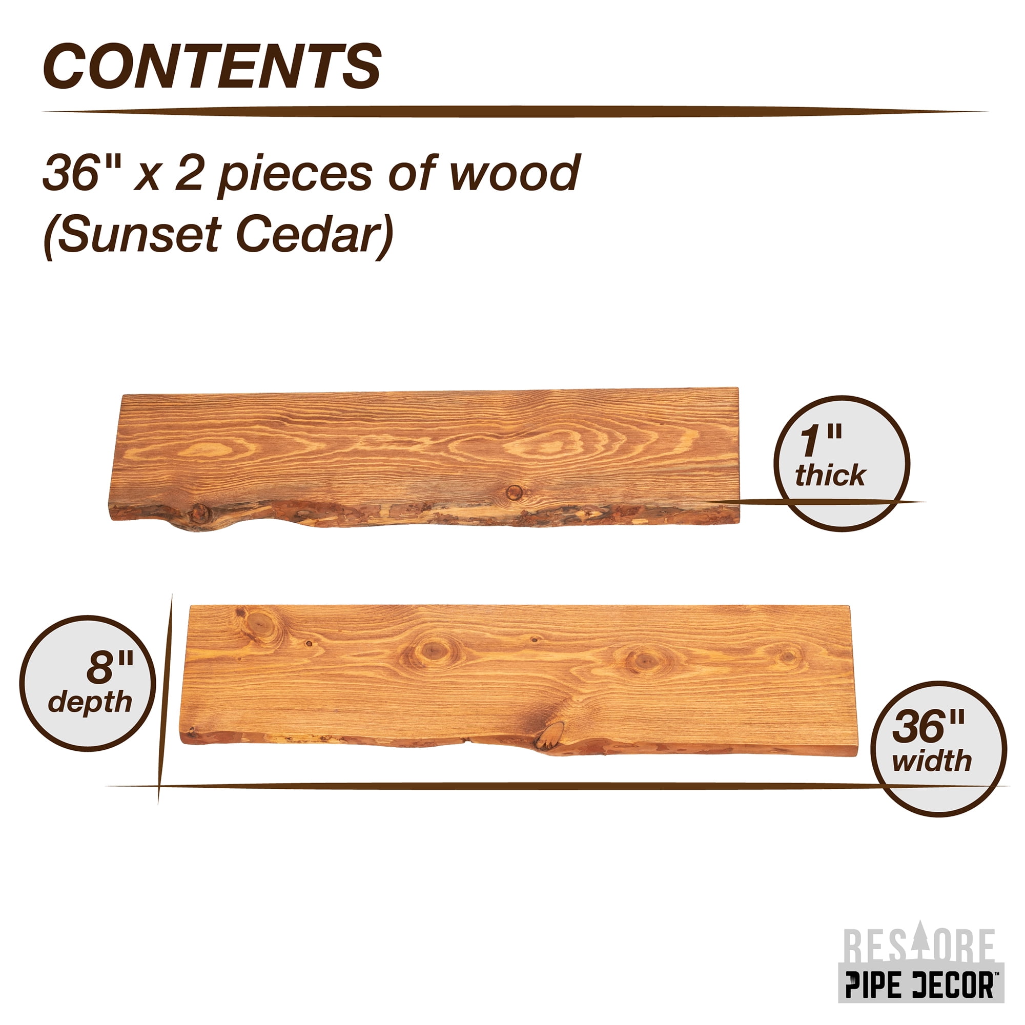 PIPE DECOR 36 in. Live Edge Wood Shelf Sunset Cedar 2 Pack (Wood Only)
