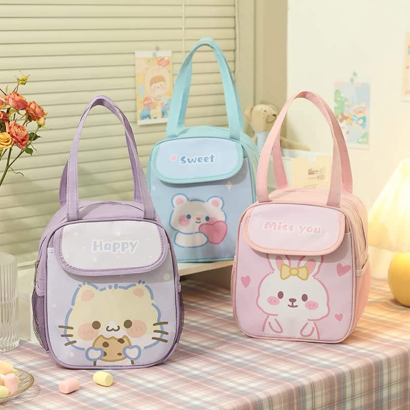 Danceemangoo Kawaii Lunch Tote Bag Cute Embroidery Bear Insulated Lunch Bag Aesthetic Lunch Box Preppy Lunch Bags for Women (Pink), Adult Unisex, Size
