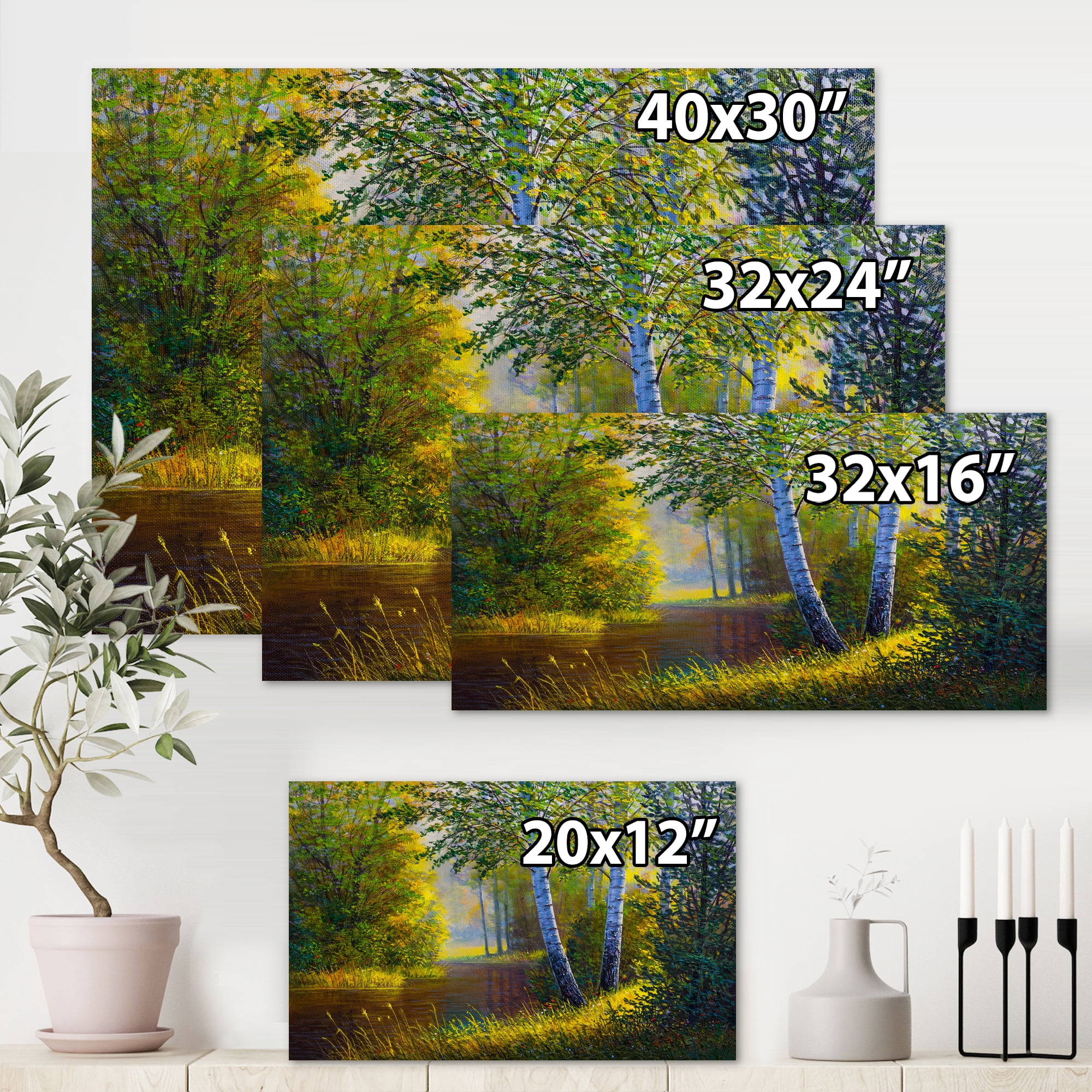 Designart ' Sunrise Glow Through The Birches II ' Lake House Canvas Wall Art Print