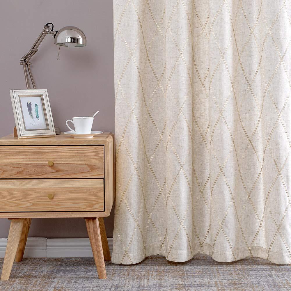 Curtainking Linen Curtains for Living Room 63 inch Farmhouse Diamond Embroidered Flax Window Drapes Light Filtering Grommet Curtains 2 Panels Beige