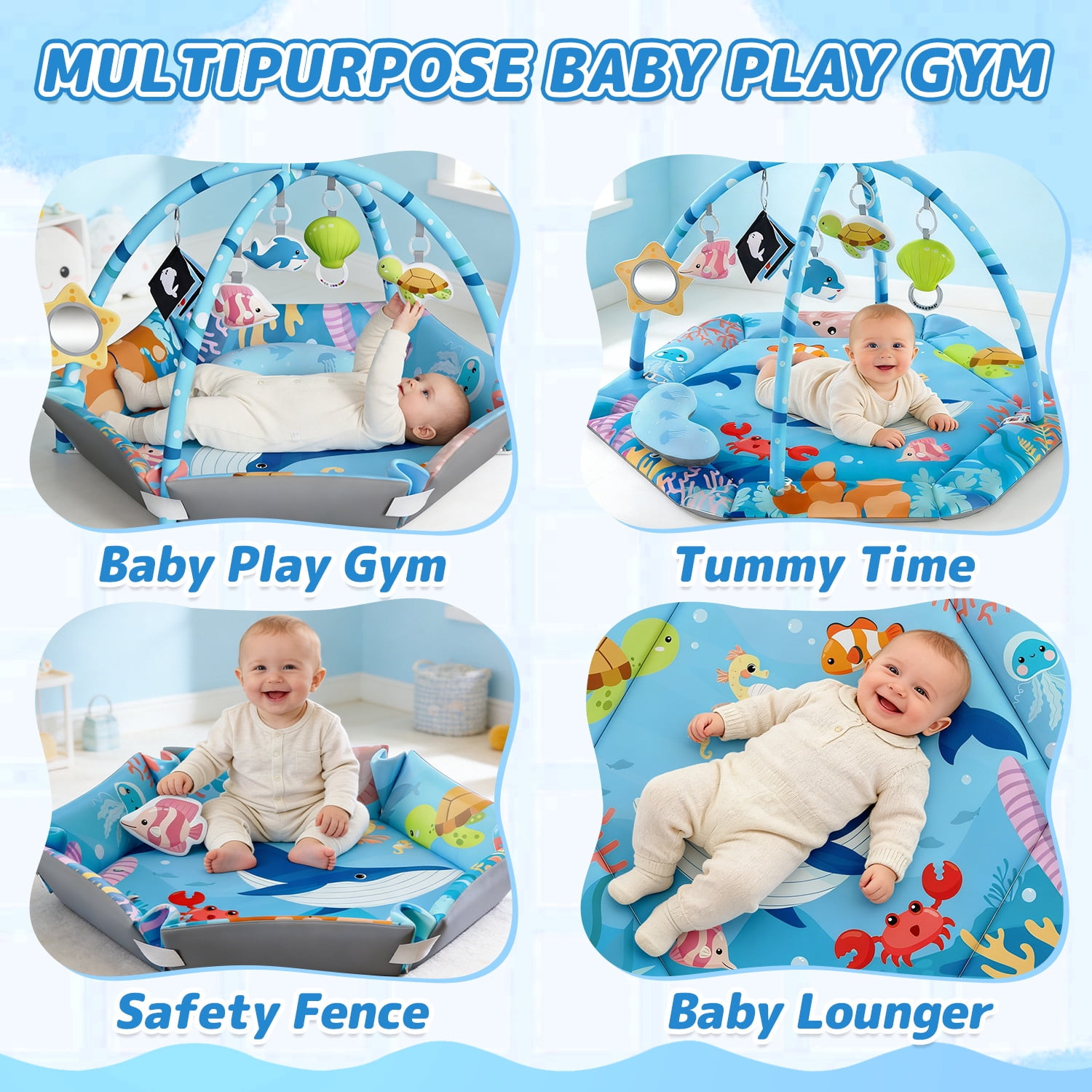 JoyStone Baby Gym Play Mat, 8-in-1 Tummy Time Mat, Infant Play Gym with 6 Detachable Toys, Washable Activity Mat & Ball Pit, Baby Toys Gift for Ages 0-18M