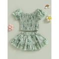 thumbnail image 2 of Bagilaanoe 2Pcs Toddler Baby Girls Skirt Set Floral Print Short Sleeve Ruched Tops + Lined Shorts Skirts 9M 12M 18M 24M 3T 4T Kids Summer Casual Outfits, 2 of 8