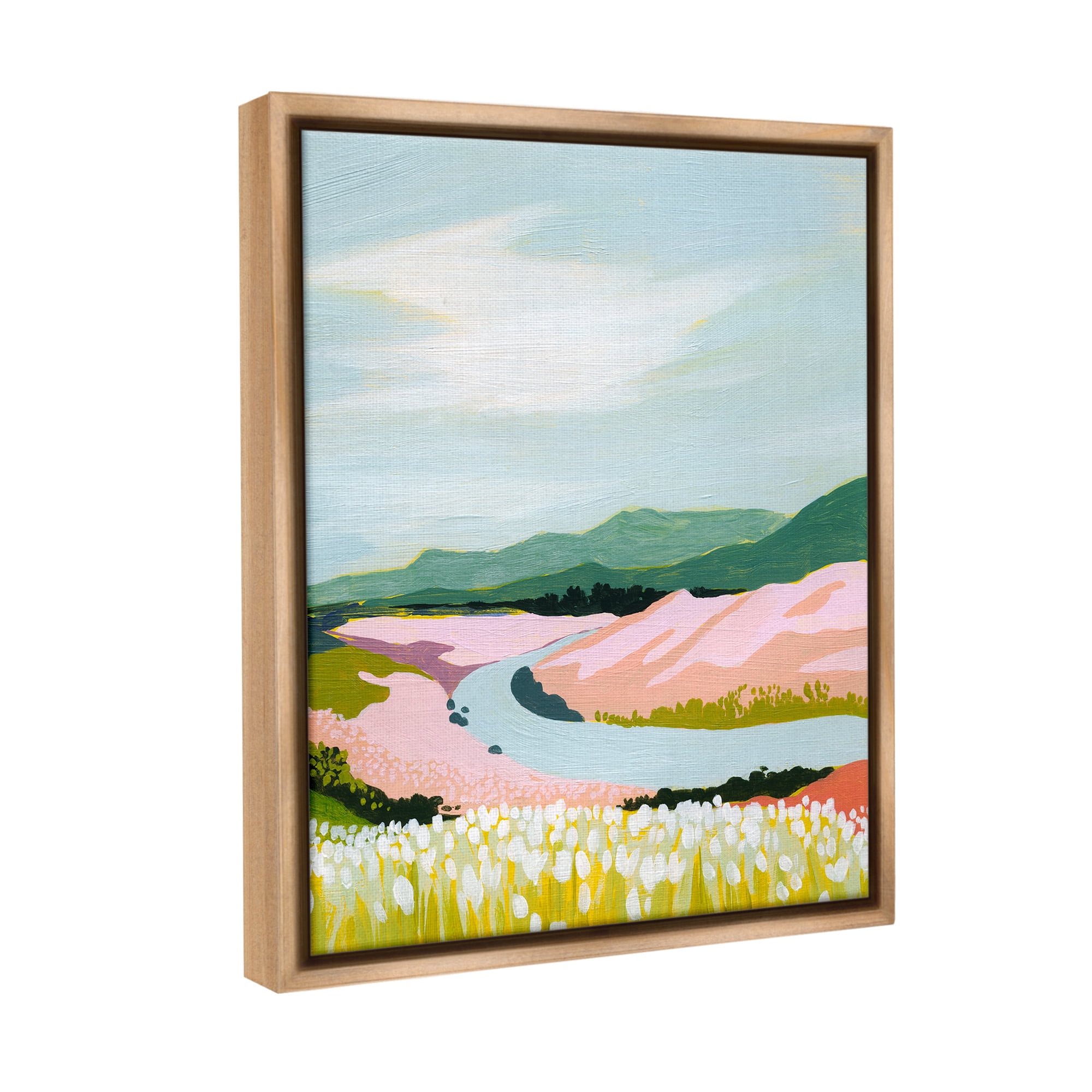 Stupell Industries Pastel Mountain Stream Landscape Painting Brown Floater Framed Canvas Art Print Wall Art, 17 x 21