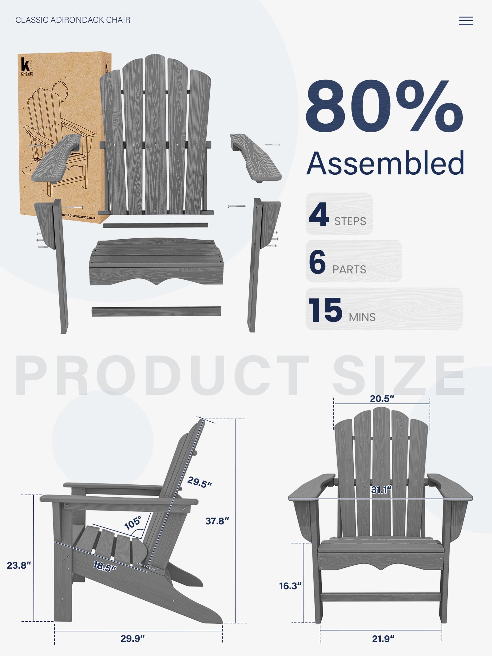 KINGYES HDPE Adirondack Chair, All-Weather Outdoor Fire Pit Chairs for Patio Deck Lawn, Grey