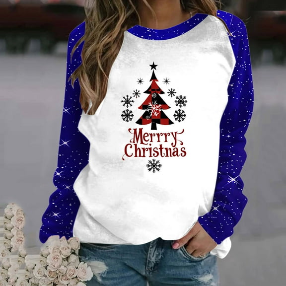 WXLWZYWL Christmas Shirts for Women 2024 Raglan Sleeve Funny Xmas Tree Print Cute Santa Graphic Sweatshirts Loose Fit Pullover