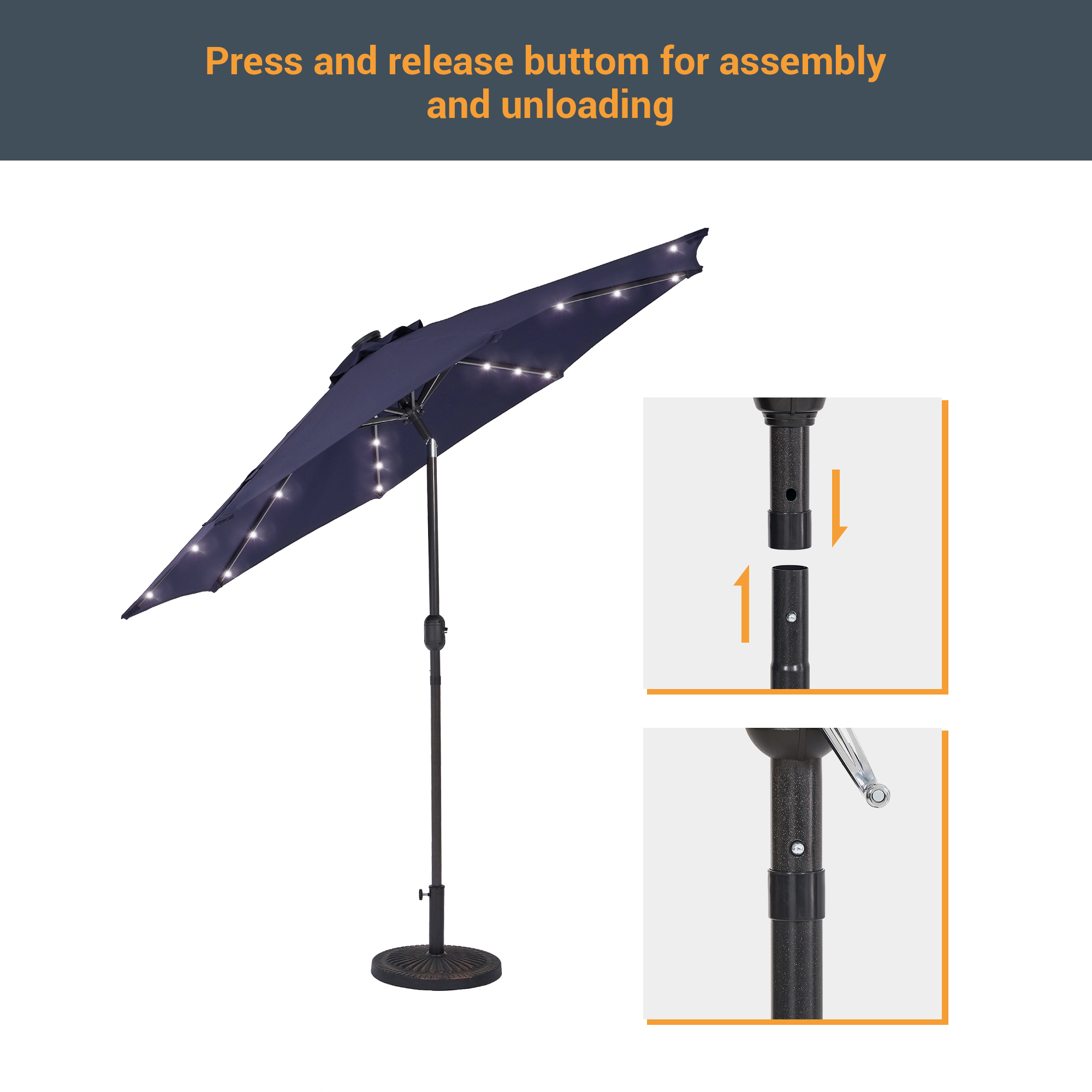 CHYVARY Outdoor LED 9Ft Patio Table Umbrellas with Solar Lights and Tile Button for Garden, Deck and Poolside,Navy Blue