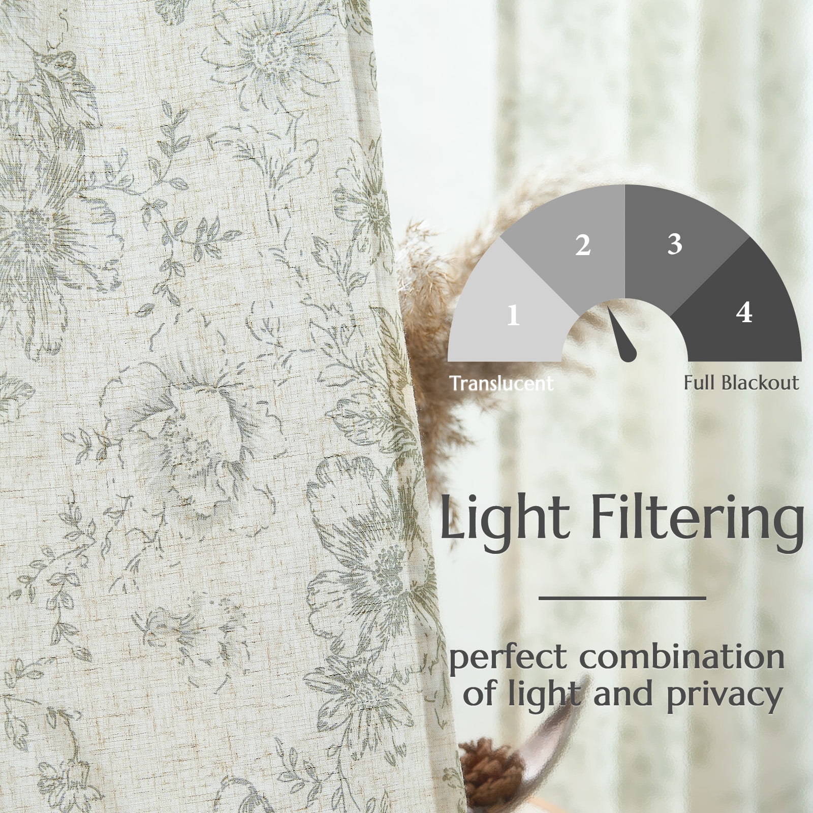 CURTAINKING Linen Curtains Floral Curtains for Living Room 63 Inch Length Green Printed Curtains Rod Pocket Back Tab Farmhouse Peony Flower Patterned Drapes Bedroom Window Curtain Set 2 Panels