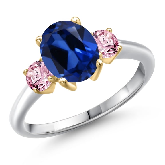 Gem Stone King 925 Silver and 10K Yellow Gold Blue Created Sapphire and Pink Lab Grown Diamond Engagement Ring for Women | 2.80 Cttw | Oval 9X7MM | Gemstone September Birthstone | Size 8