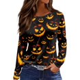 thumbnail image 2 of Yuaguia Women Halloween Pumpkin Face Print Long Sleeve T-Shirt, Spooky Side Split Crewneck Casual Autumn Fall Top for Daily Wear, Work, and Holiday Parties, Black 3XL, 2 of 6