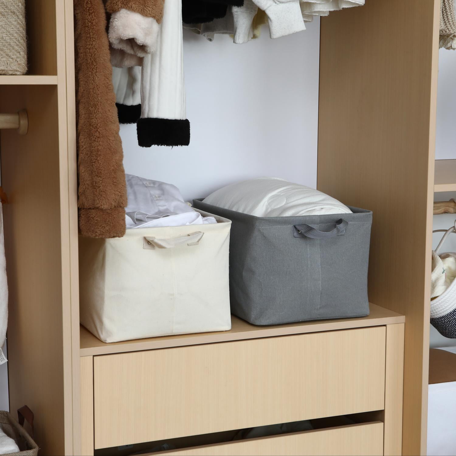 Sea Team 2-Pack Large Canvas Storage Bins for Shelves with Metal Frame, Rectangle Storage Baskets, Closet Organizers, Foldable Laundry Hampers, Containers for Clothing, Blankets, Toys, Cream