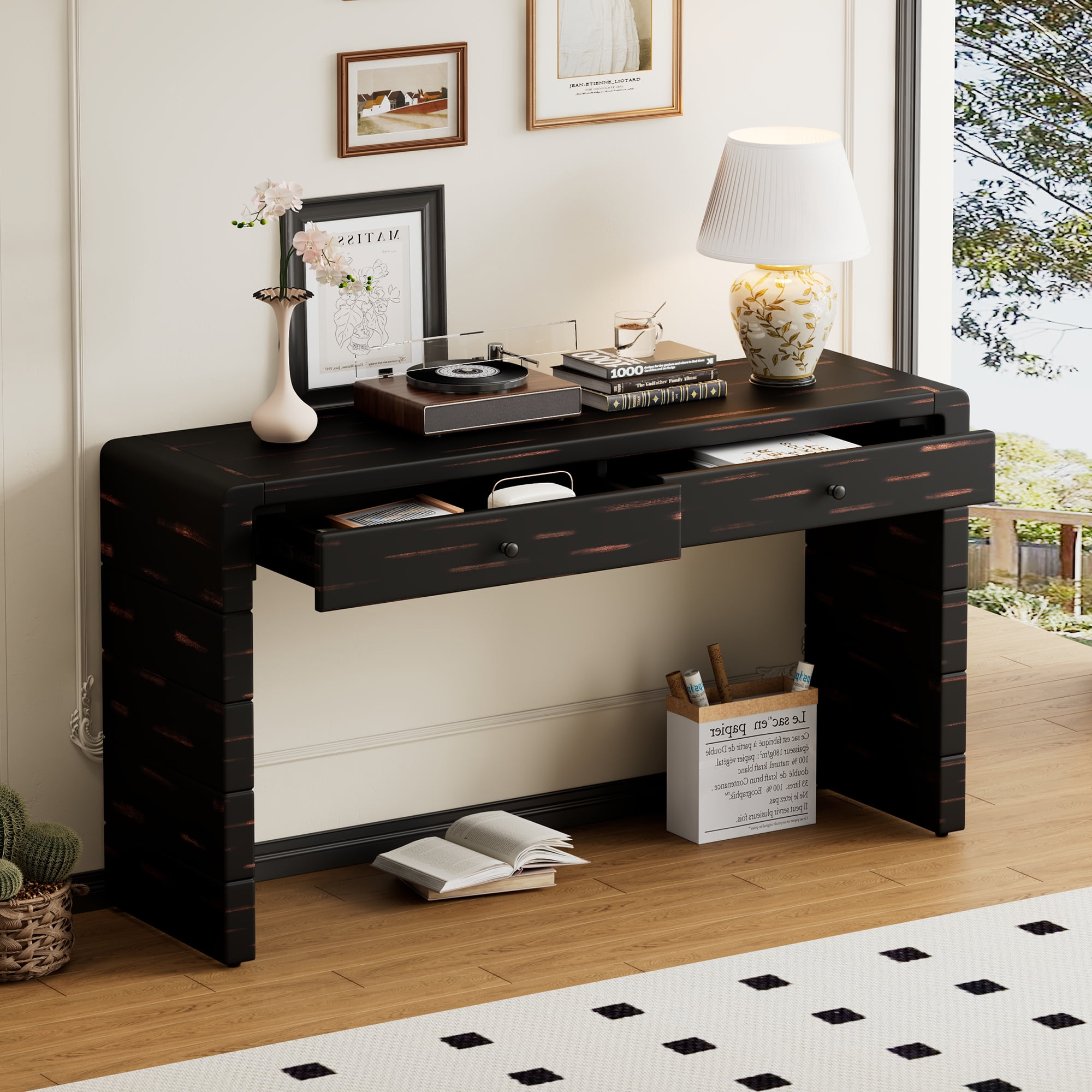 EUROCO 55" Long Console Table,Curved Entryway Table with 2 Storage Drawers,Farmhouse Wood Sofa Table Behind Couch for Living Room, Entrance, Hallway,Black