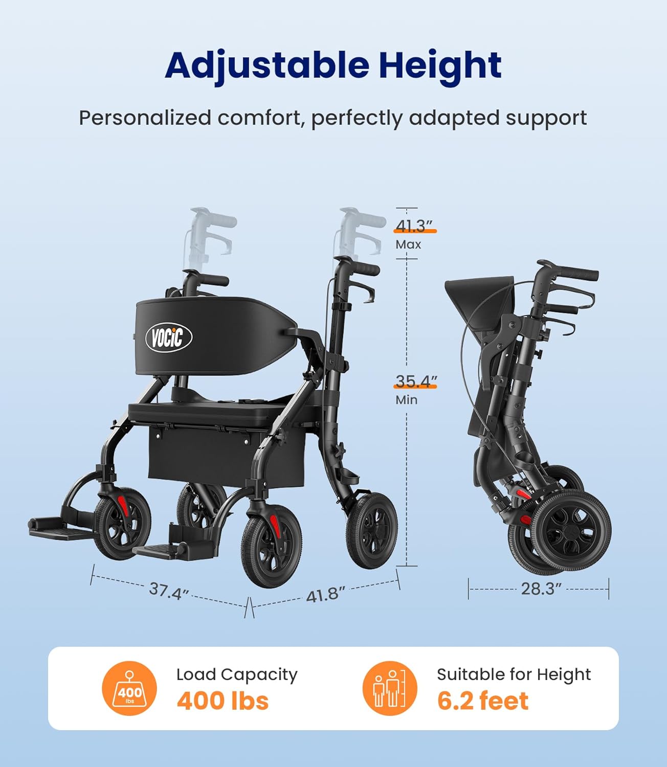 VOCIC Z59 Bariatric Rollator Walker with Seat 400 lb Capacity, 2