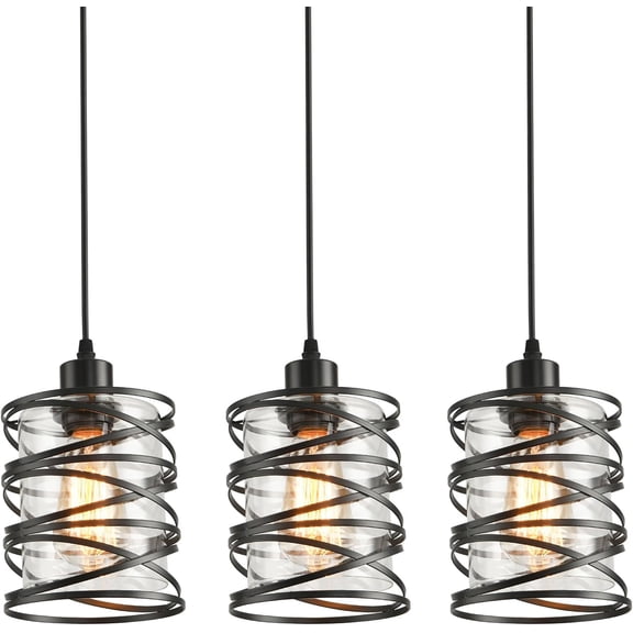 3 Pack Pendant Light Kitchen Island Pendant Lighting, Glass Hanging Light with Spiral Cage Clear Glass Shade, Black Modern Indoor Hanging Lamp
