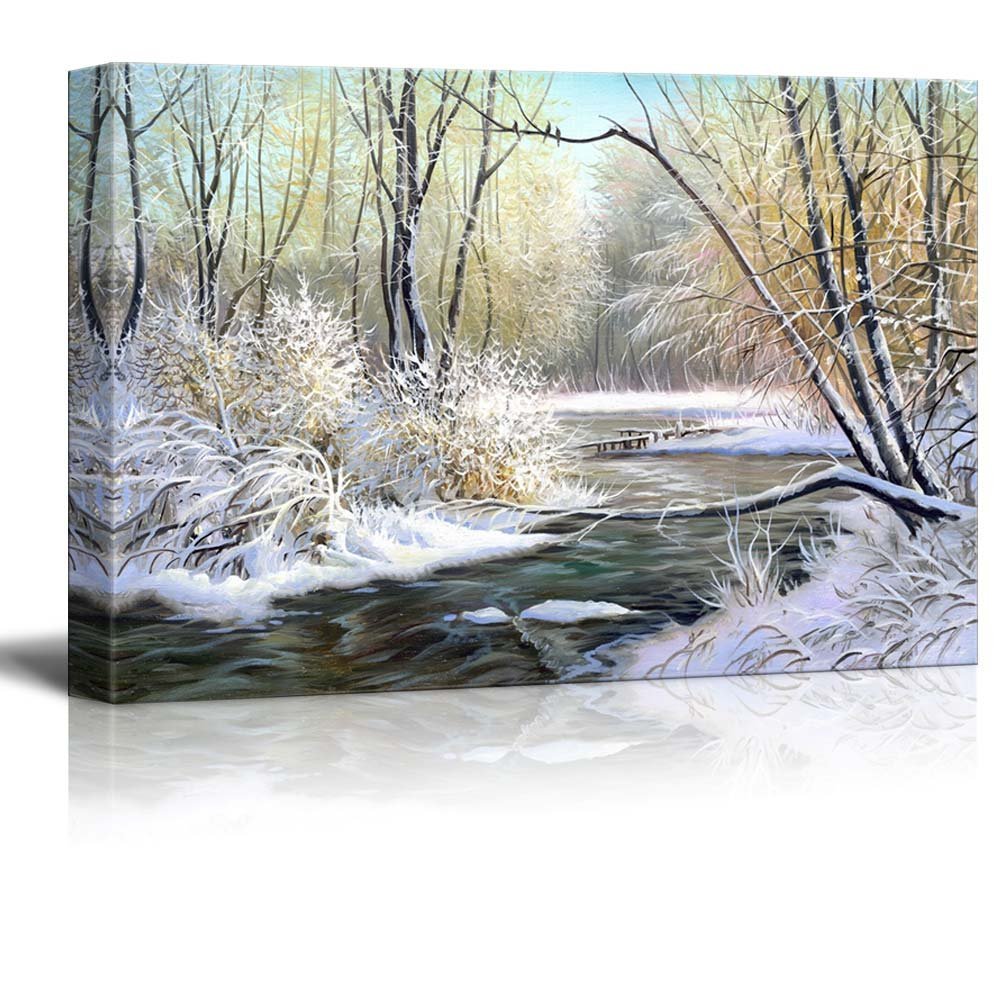 Canvas Prints Wall Art Winter Landscape with The Wood River 24" x