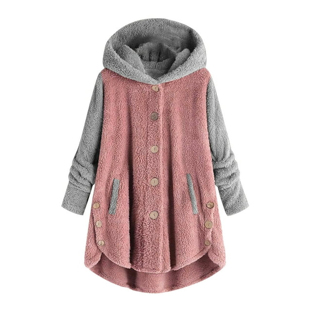 KIHOUT Manteau Chaud Printemps Hiver pour Femmes Adulte en Peluche Couleur Unie à Capuche avec Boutons Manches Longues Col Rond Fendu Pyjama Confortable, Taille p-2TG