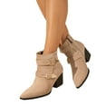 thumbnail image 1 of Womens Combat Dress Boots with Side Zipper Trendy Double Buckle Suede Pointed Toe Heeled Mid Calf Booties, 1 of 9