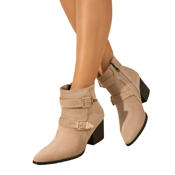Womens Combat Dress Boots with Side Zipper Trendy Double Buckle Suede Pointed Toe Heeled Mid Calf Booties